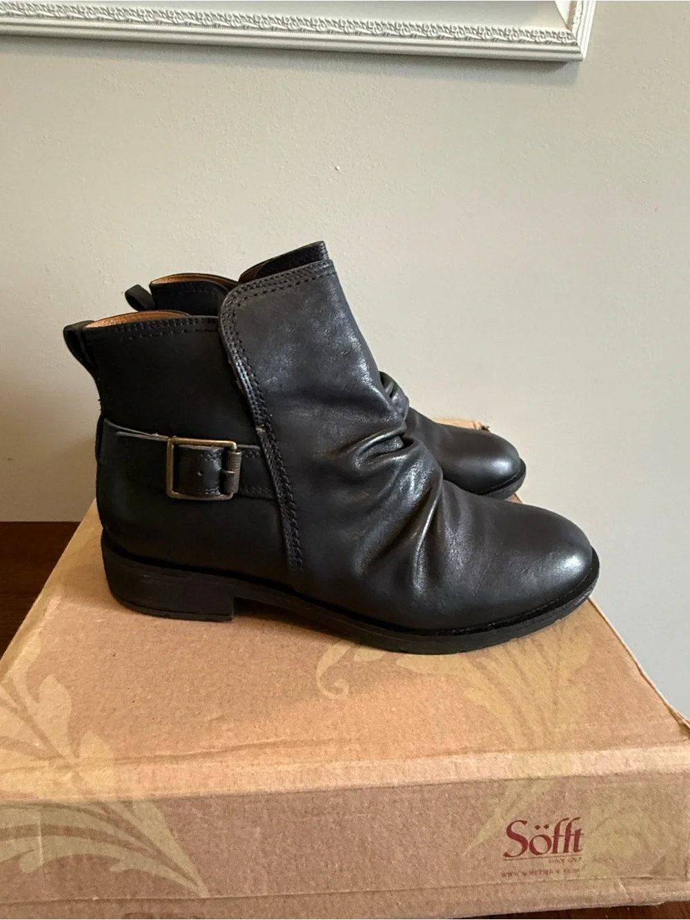 Sofft Black Leather Ankle Boots with Side Buckle